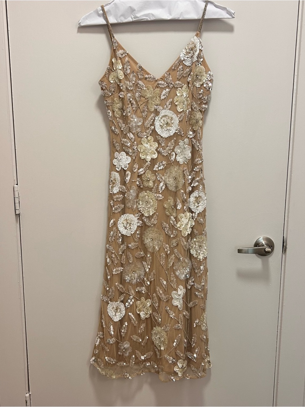 Club L London Nude Hand Embellished Floral Midi Dress Gemini Floral Sequined